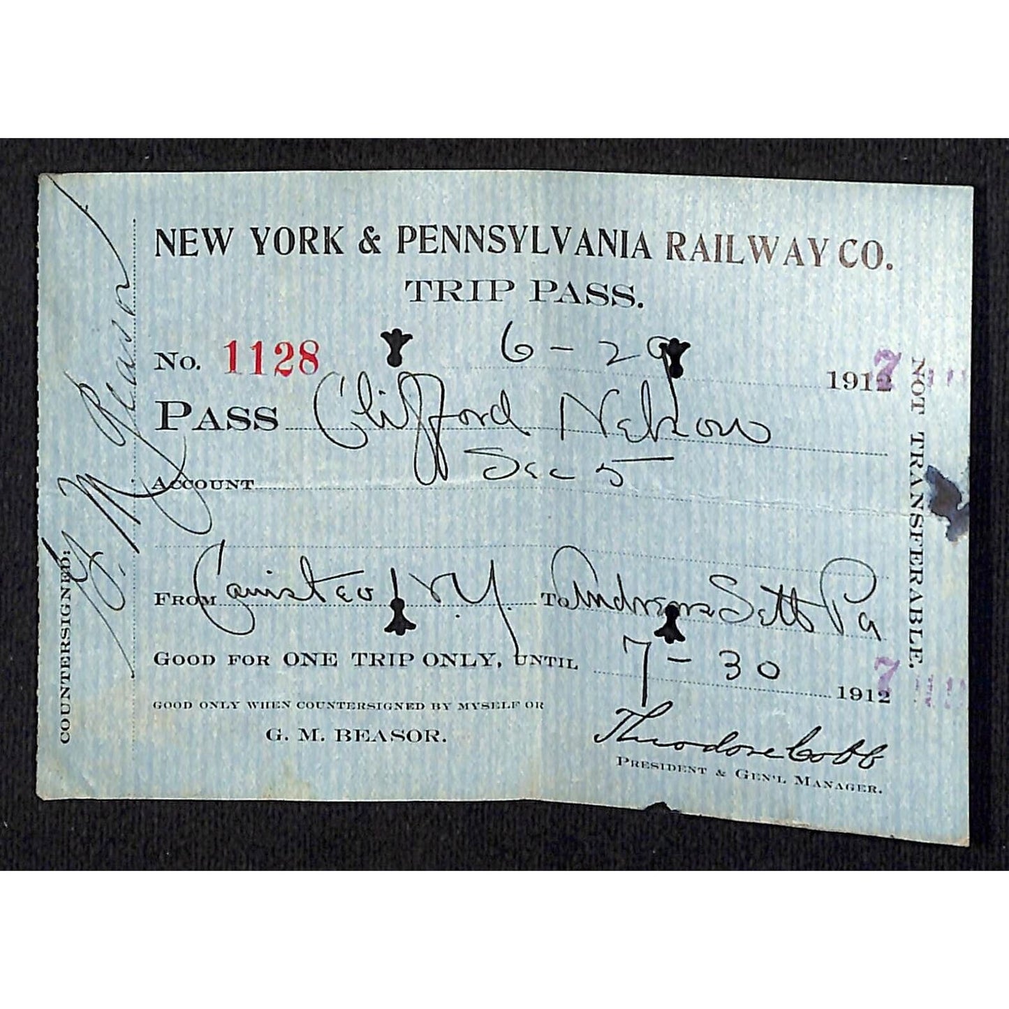 New York & Pennsylvania Railroad NYP June 29 1917 Trip Pass Ticket #1128 Scarce
