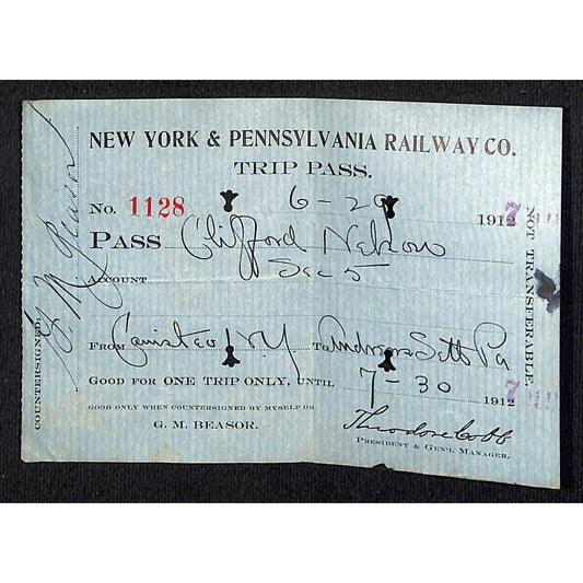 New York & Pennsylvania Railroad NYP June 29 1917 Trip Pass Ticket #1128 Scarce