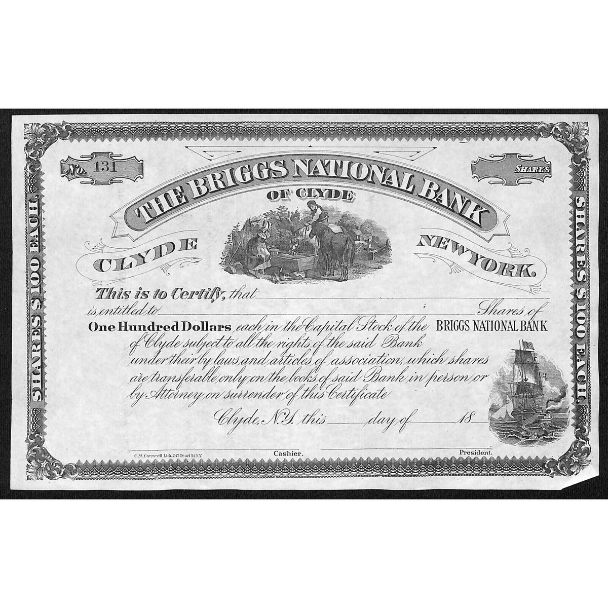 The Briggs National Bank of Clyde NY c1880* Stock Certificate Unissued #131