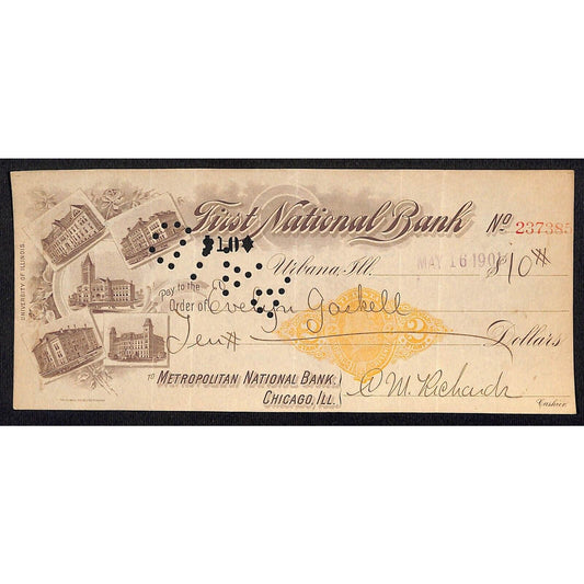 FNB Urbana, IL $10 1901 Bank Check Revenue Stamp w/ University Bldg. Vignettes