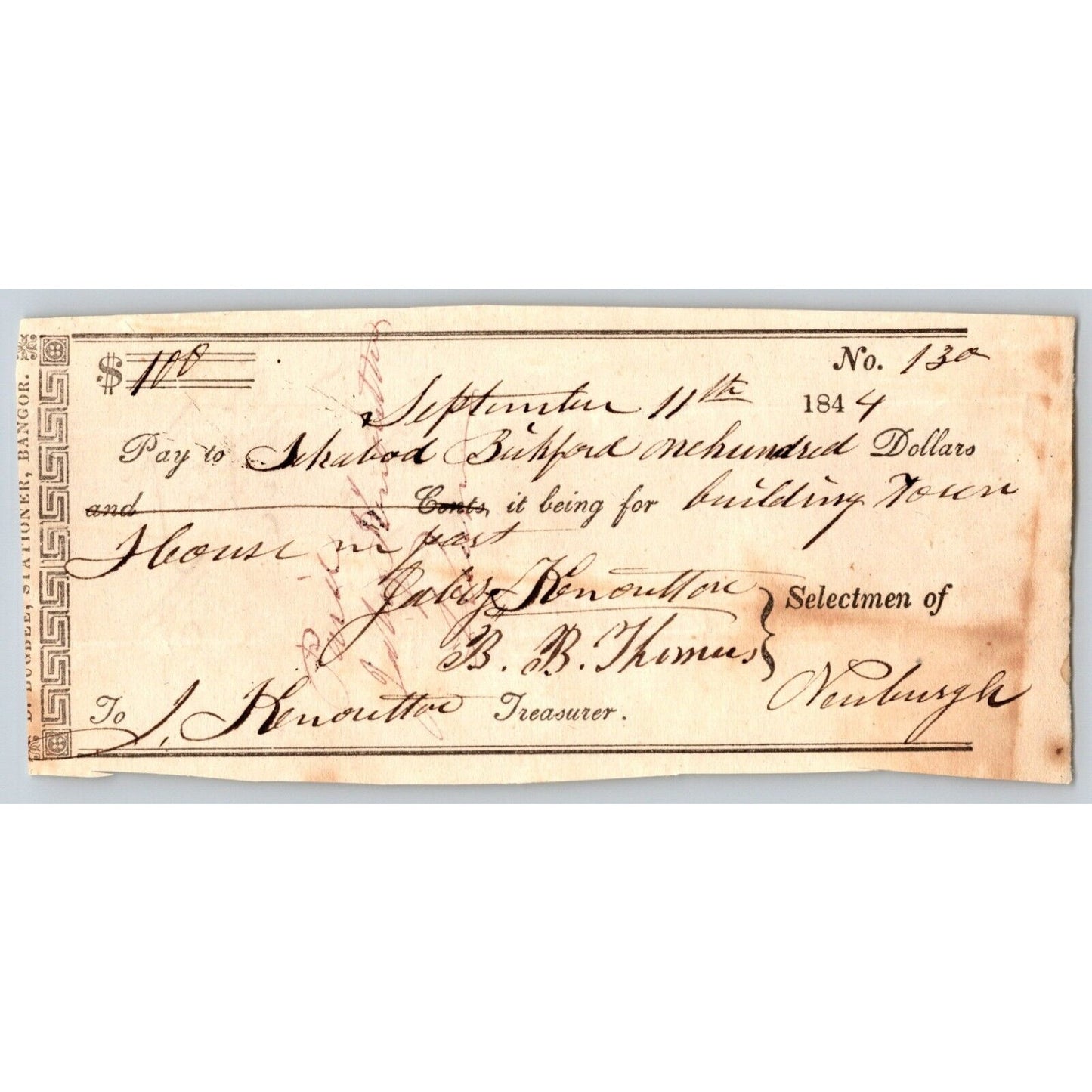 1844 Jabez Knowlton* Newburgh ME Town Check to Ichabod Bickford for Building