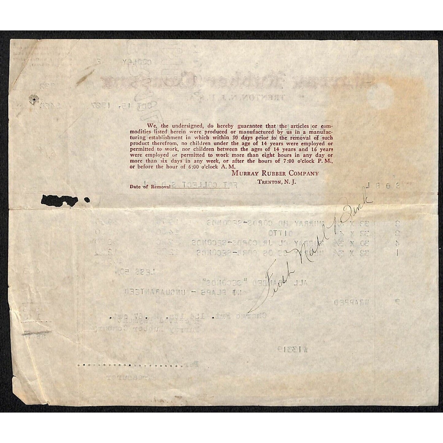 Murray Rubber Co. Trenton, NJ 1927 Billhead - Seconds