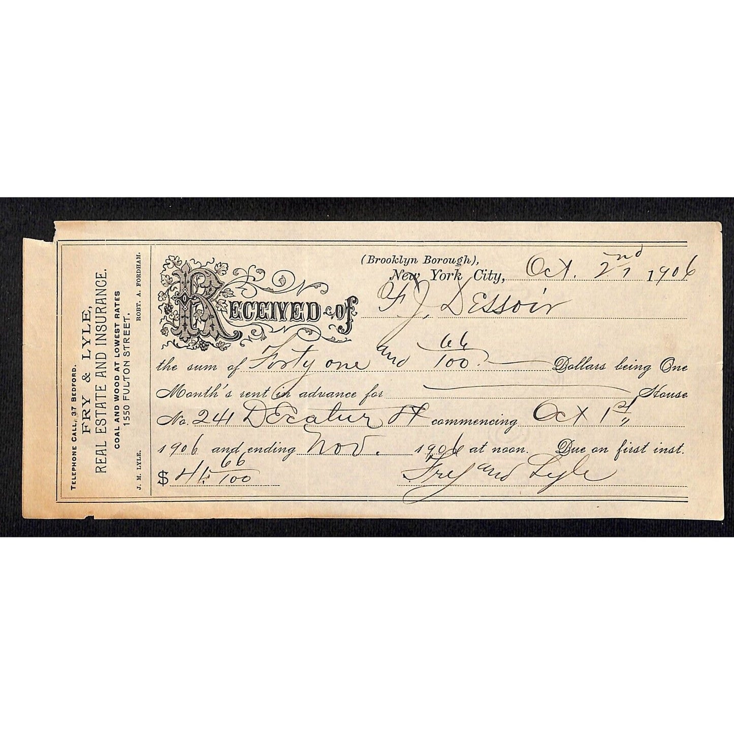 Fry & Lyle Real Estate Coal & Wood Fulton St. Brooklyn, NY 1906 Receipt