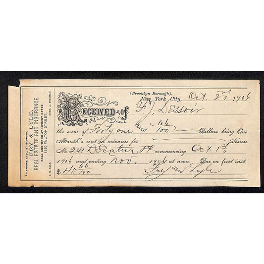 Fry & Lyle Real Estate Coal & Wood Fulton St. Brooklyn, NY 1906 Receipt