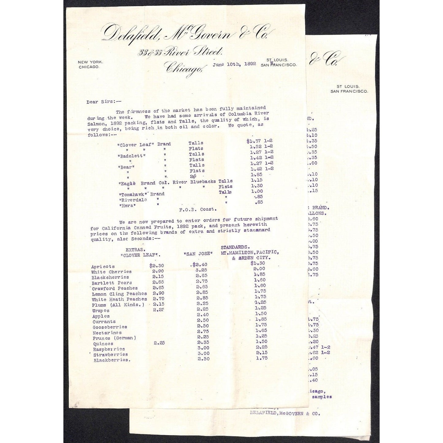 Delafield, McGovern & Co 1886 2pp Letterhead Fruit Packing Price List VGC Scarce