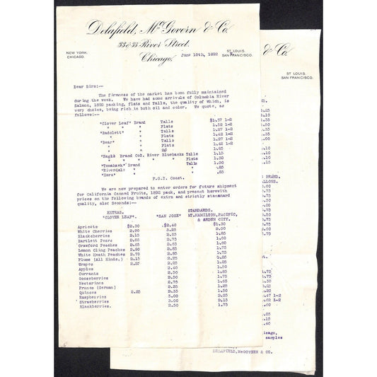 Delafield, McGovern & Co 1886 2pp Letterhead Fruit Packing Price List VGC Scarce