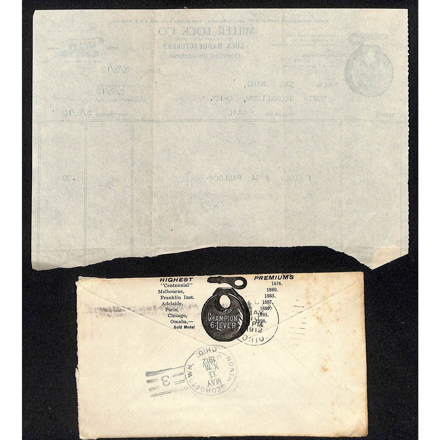 Miller Lock Co. Philadelphia Samuel Wang Co* N. Georgetown 1912 Billhead & Cover