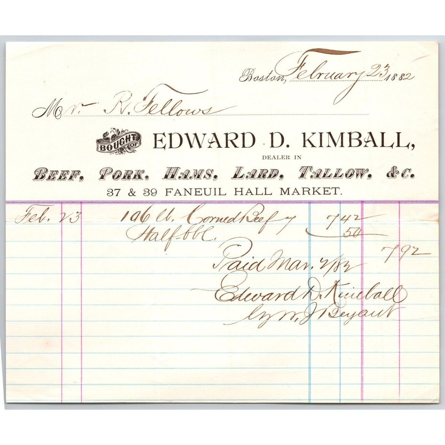 Edward D. Kimball Canned Beef Lard Pork Hams Tallow Boston, MA 1882 Billhead