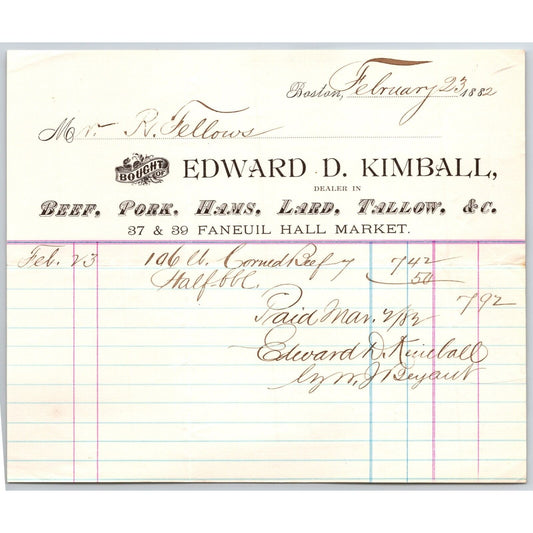 Edward D. Kimball Canned Beef Lard Pork Hams Tallow Boston, MA 1882 Billhead