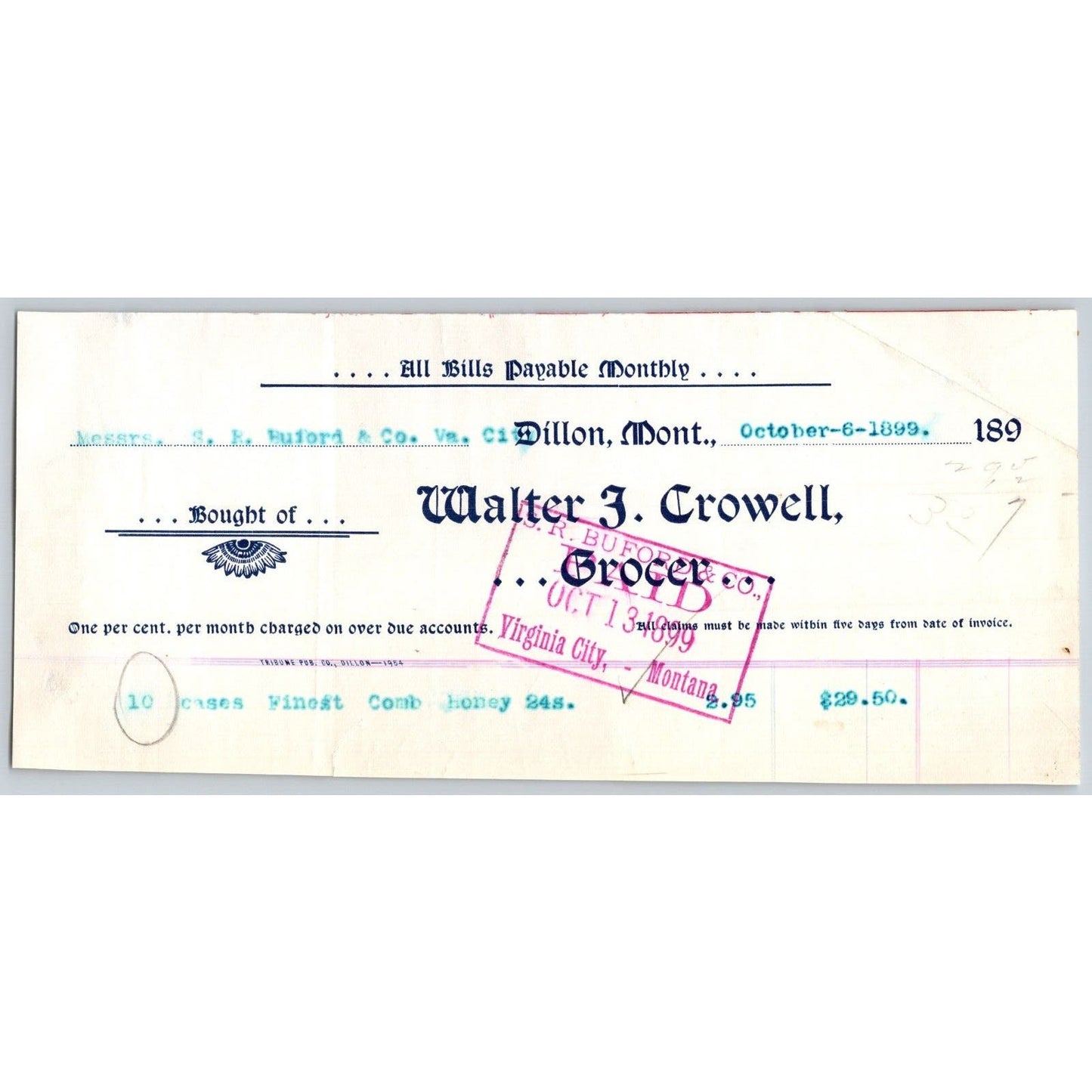 Dillon, MT Walter J. Crowell Grocer 1899 Billhead S.R. Buford* Virginia City