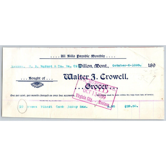 Dillon, MT Walter J. Crowell Grocer 1899 Billhead S.R. Buford* Virginia City