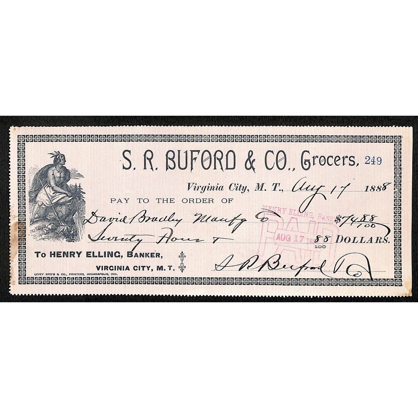 1888 Henry Elling Virginia City Montana Territory S.R. Buford Grocers Check #249