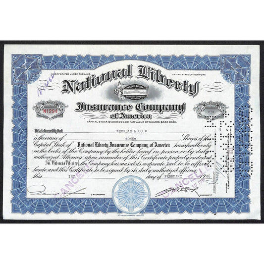National Liberty Insurance Co. of America 1938 Stock Certificate to Nowlan & Co