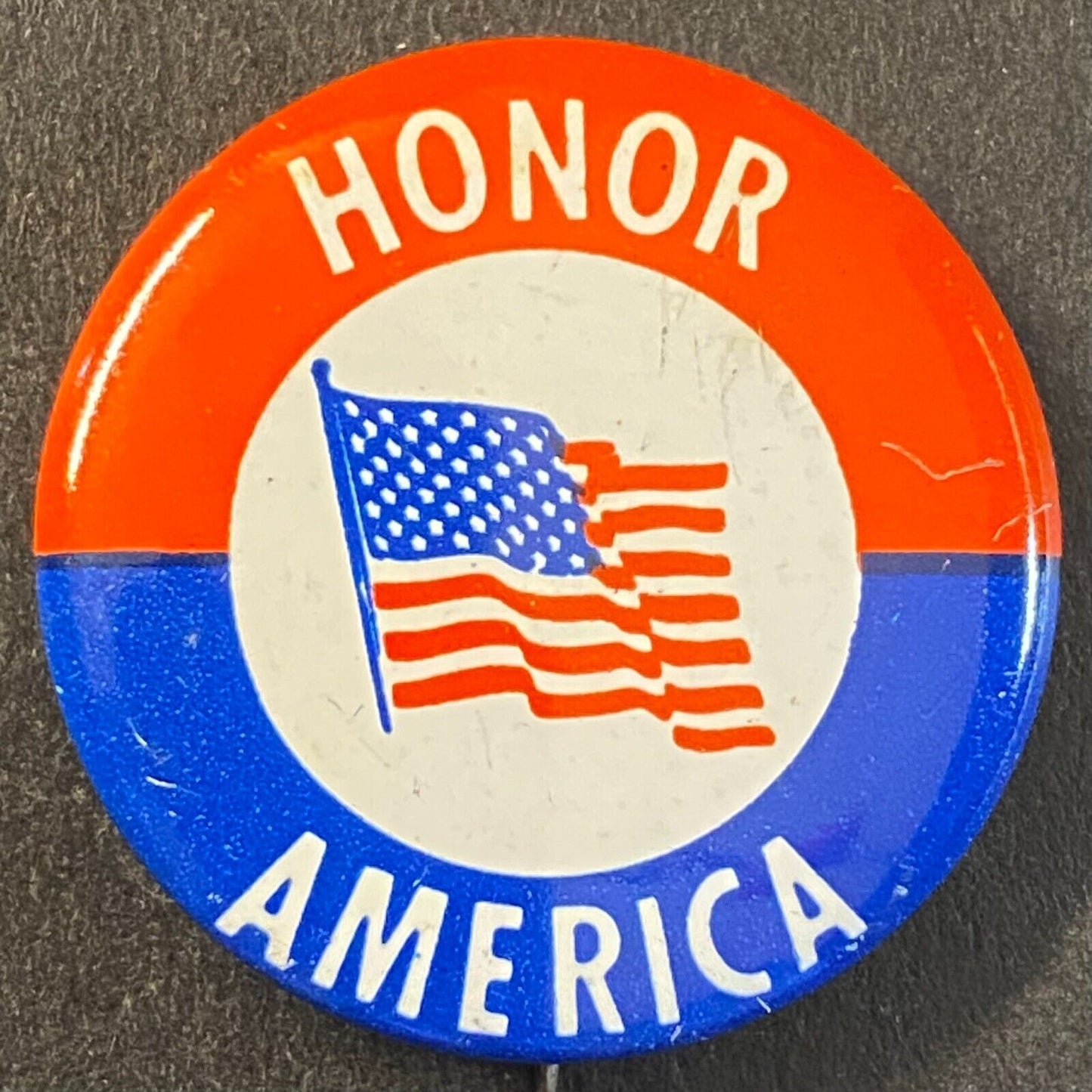 "Honor America" w/ Flag Steel Litho Pinback 1 1/8" c1960's-70's