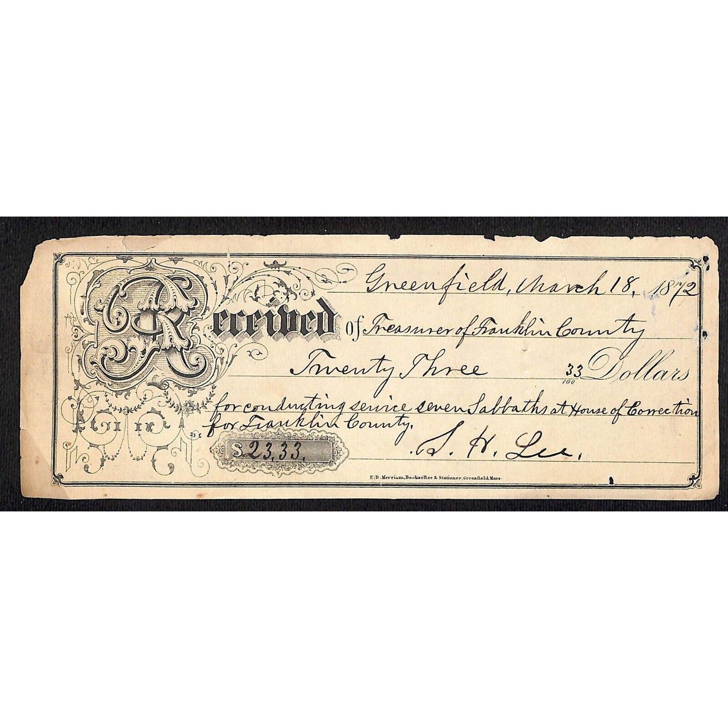 1872 Greenfield, MA Treasurer of Franklin County Receipt - House of Correction..