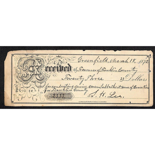 1872 Greenfield, MA Treasurer of Franklin County Receipt - House of Correction..