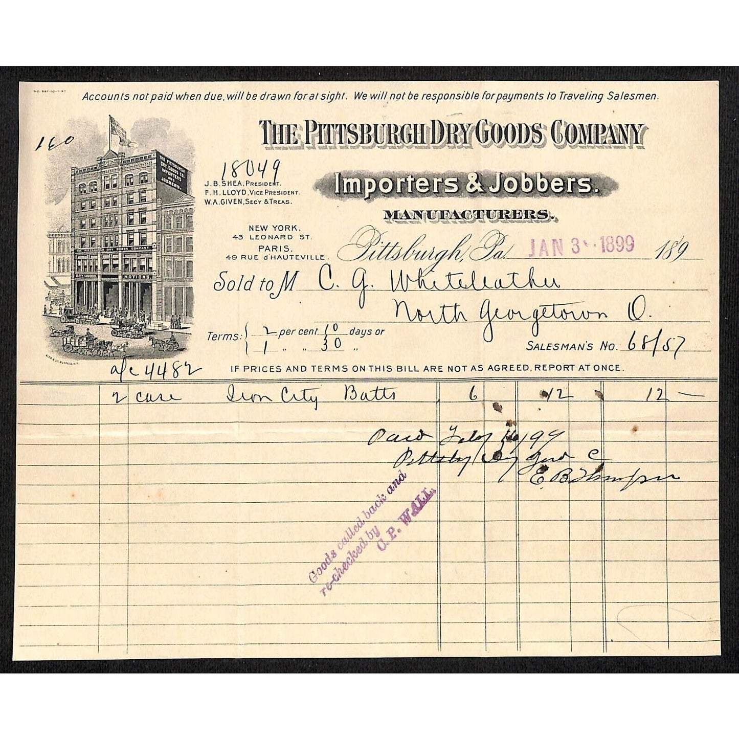 The Pittsburgh Dry Goods Co. 1899 Billhead Whiteleather* N. Georgetown OH