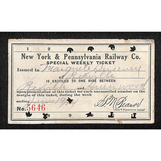 New York & Pennsylvania Ry 1914 Special Weekly Ticket Scarce #5646