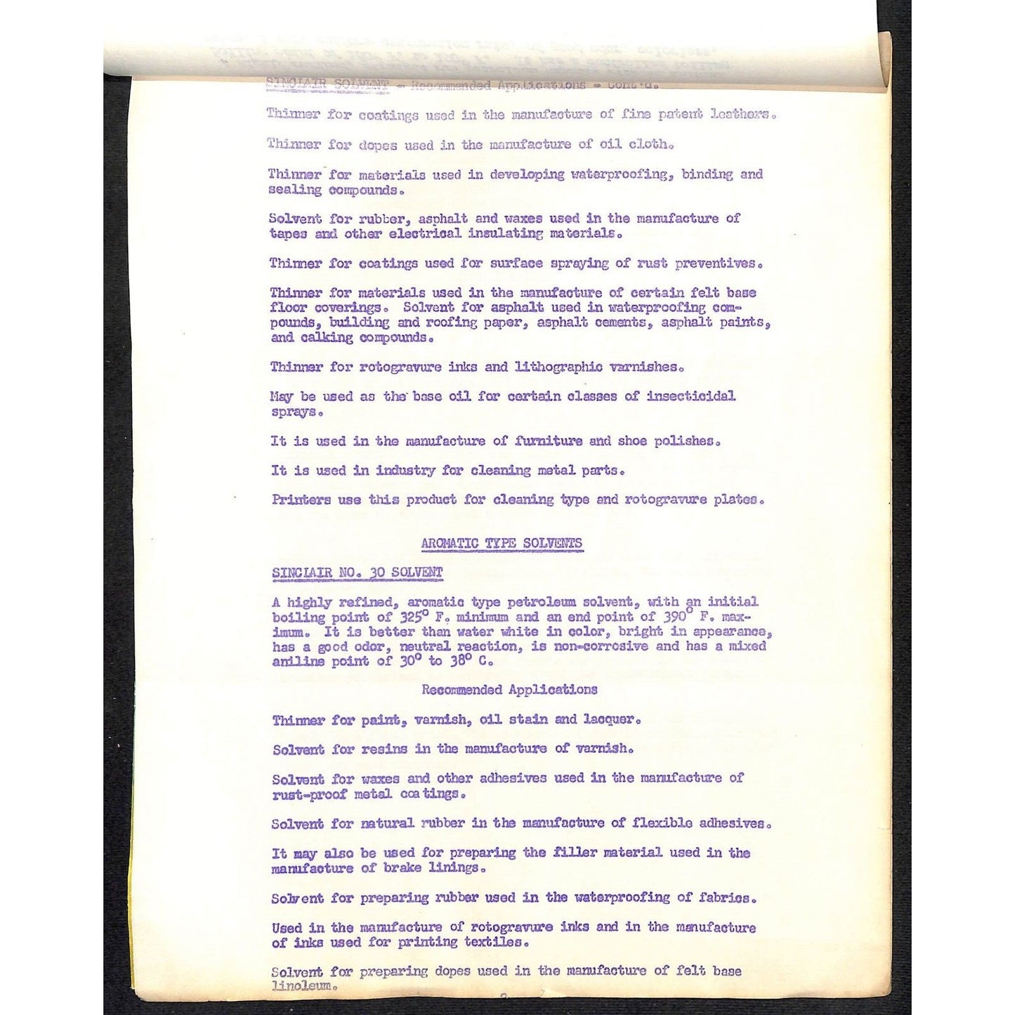 Sinclair Oils 1958 Letterhead + 3pp & "Sinclair Solvents Typical Tests Chart