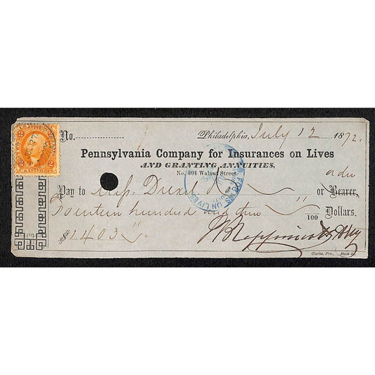 1872 Pennsylvania Company for Insurances on Lives w/ Rev $1,403.11