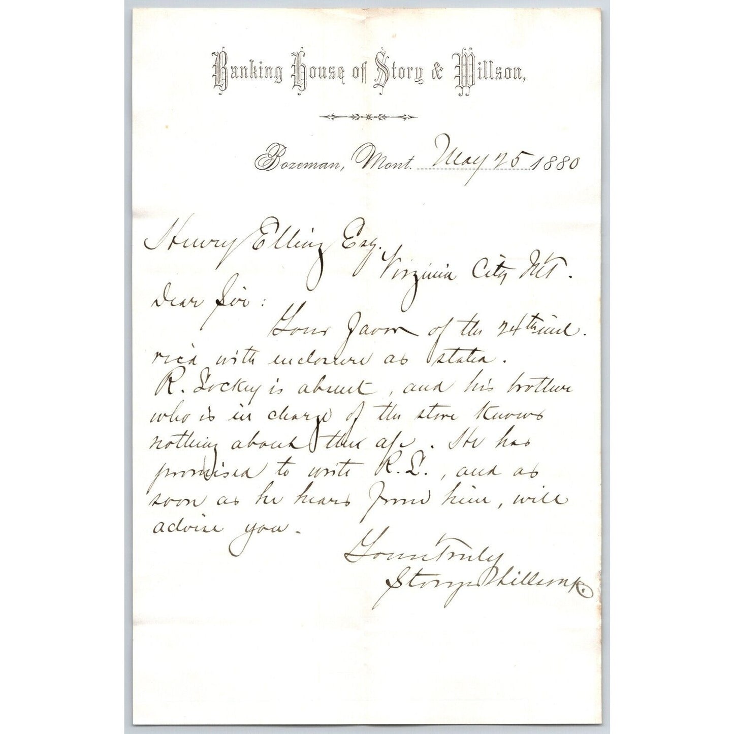 Banking House of Story & Nelson Bozeman, MT 5/25 1880 Letterhead Henry Elling*
