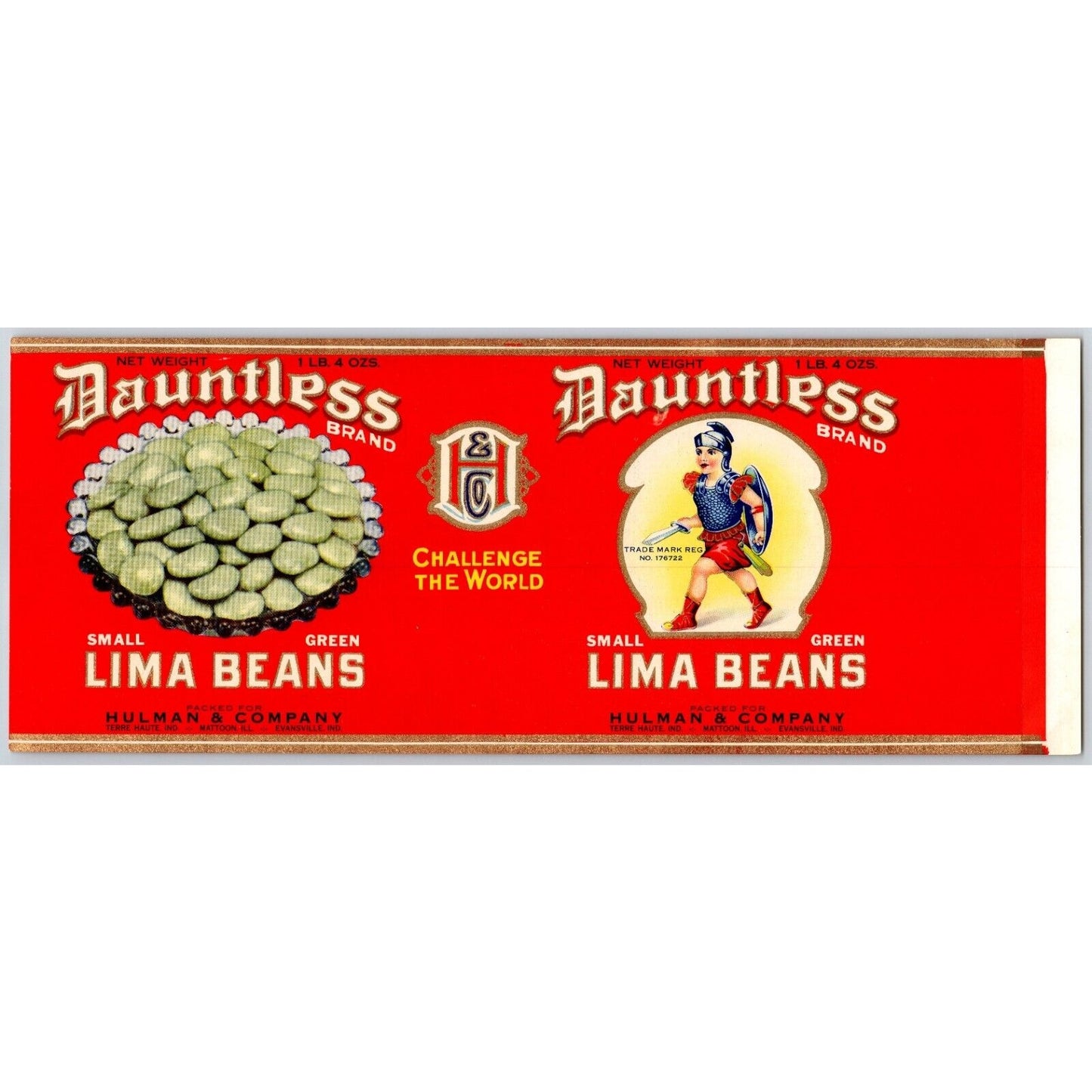 Dauntless Small Green Lime Beans Hulman Paper Can Label c1930's VGC w/ Solider