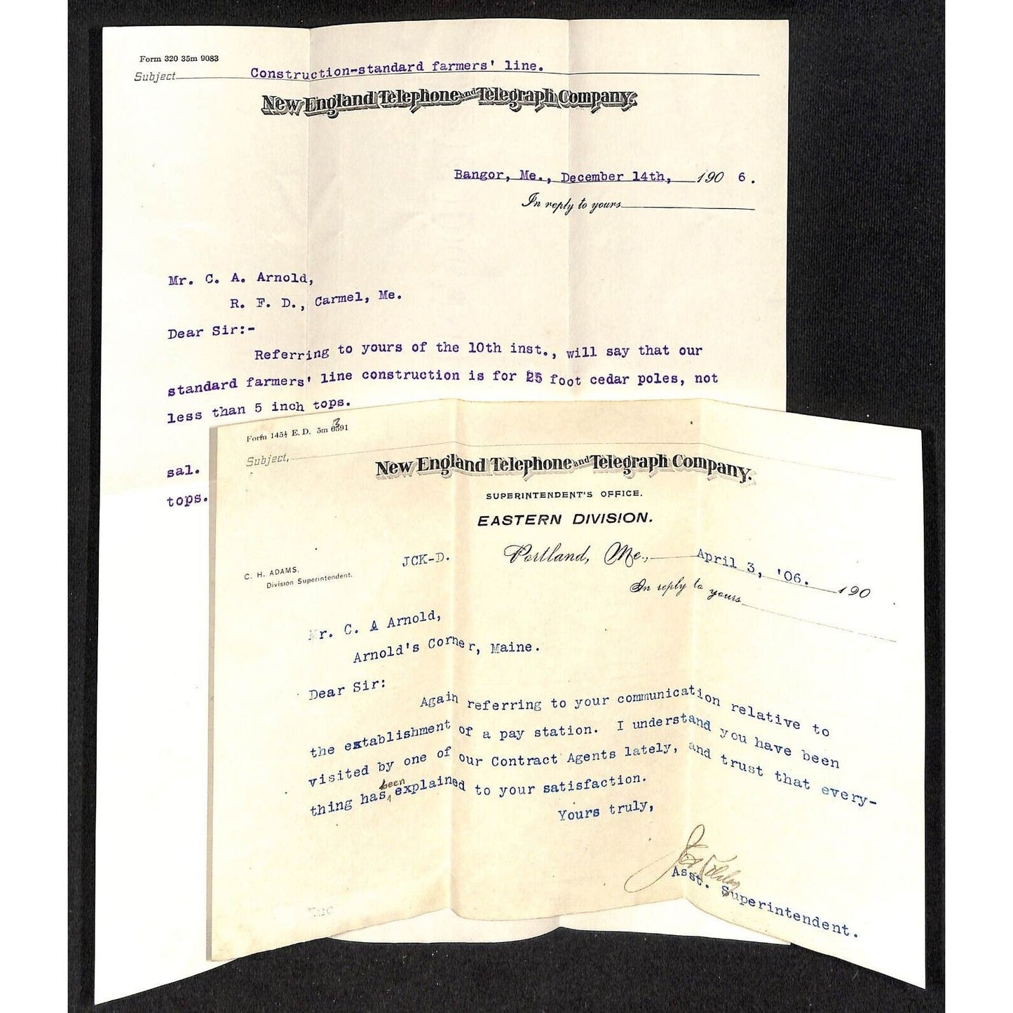 Portland ME New England Telephone and Telegraph Co. 1906 2 Letterheads & Cover