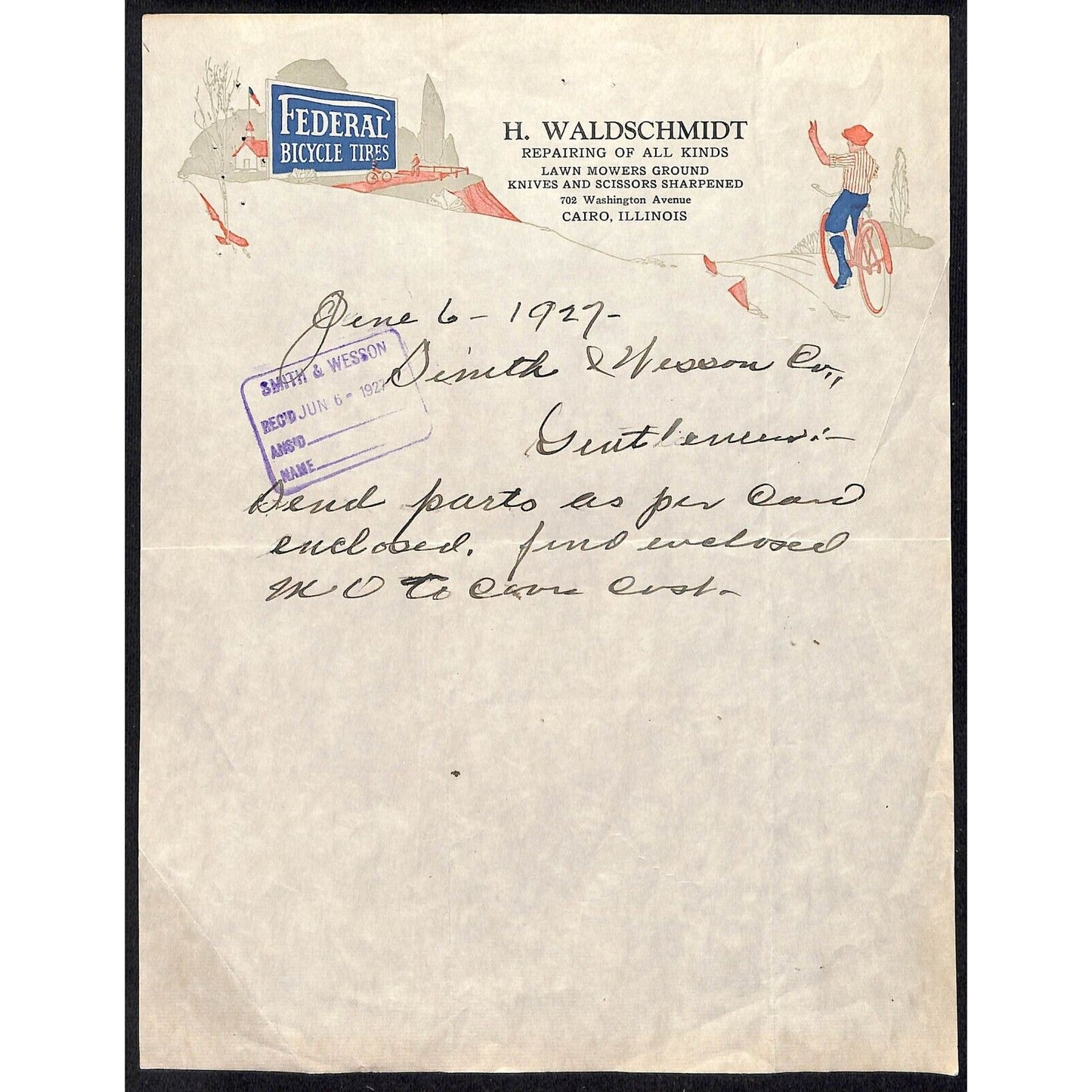 Federal Tires Billboard Art / Waldschmidt Repairs Cairo, IL 1927 Letterhead