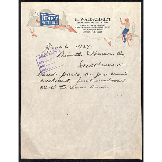 Federal Tires Billboard Art / Waldschmidt Repairs Cairo, IL 1927 Letterhead