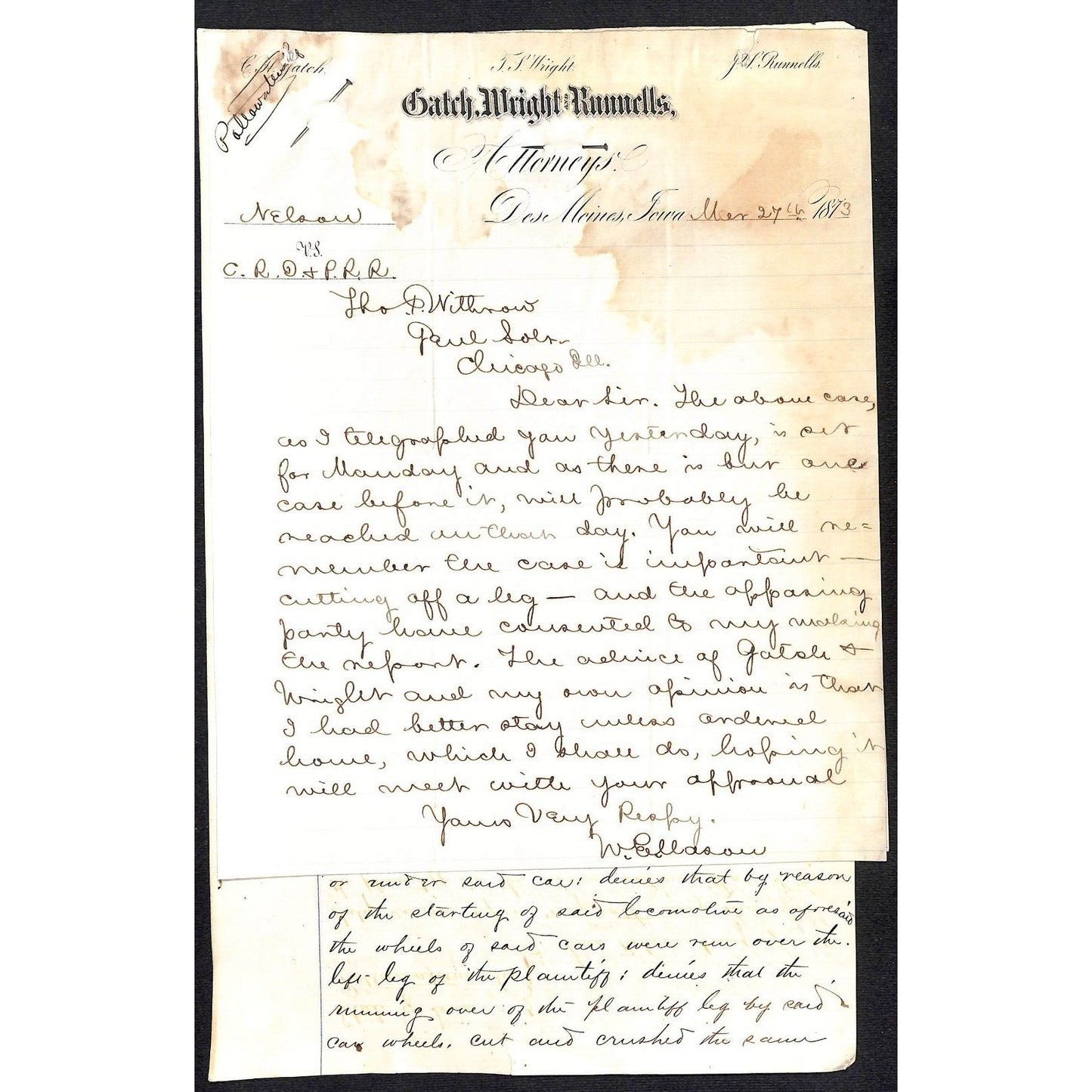 3 1872 1873 ALS Legal Letterheads re: Nelson vs. CRI&P Lawsuit / Case 4pp