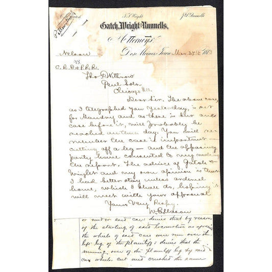 3 1872 1873 ALS Legal Letterheads re: Nelson vs. CRI&P Lawsuit / Case 4pp