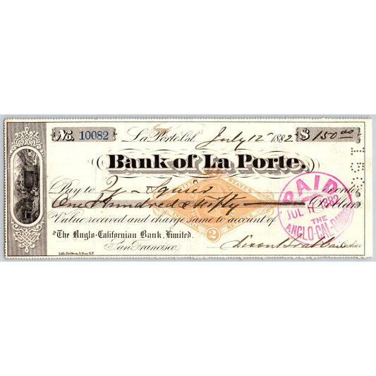 Bank of La Porte Check Z. Squier ? 1882 Mining Vignette RN-G1 Rev Stamp #10082