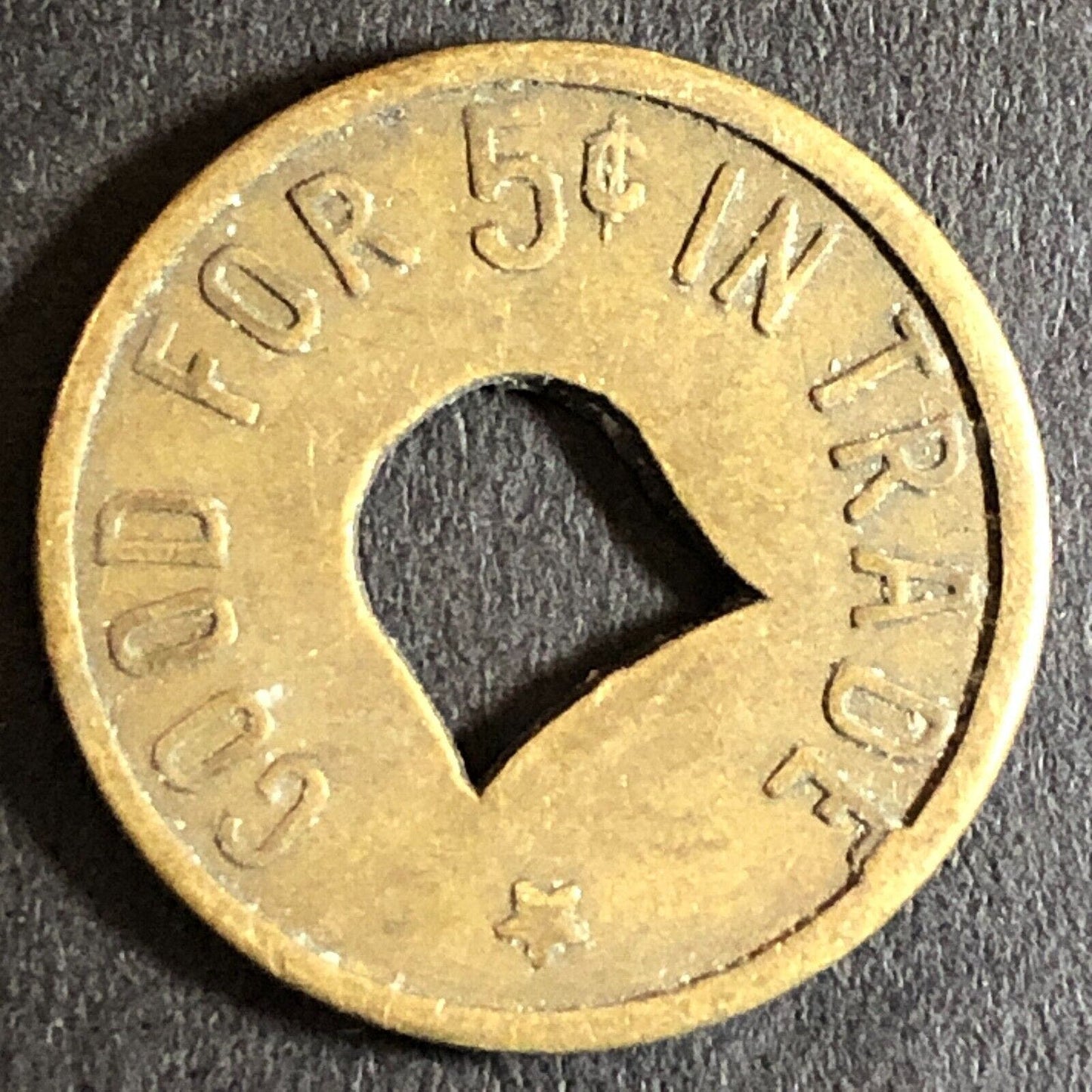 Blankenship Woodland (CA Cigars Billiards) Brass G/F 5c Trade Token c1930s 21mm