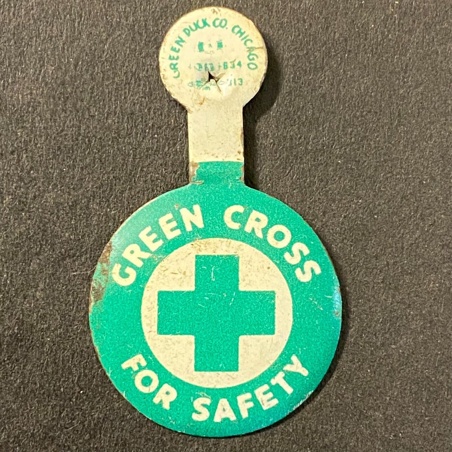 "Green Cross for Safety" Steel Fold Over Lapel Pin 3/4" Vintage Scarce