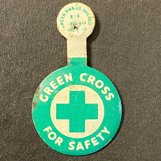 "Green Cross for Safety" Steel Fold Over Lapel Pin 3/4" Vintage Scarce