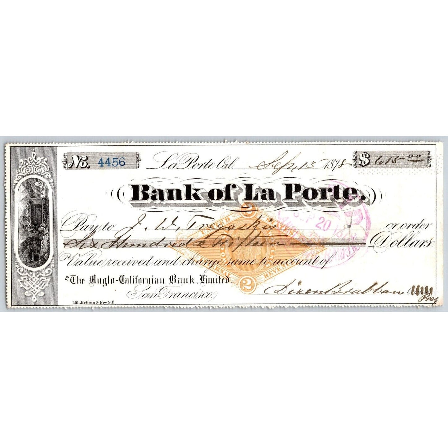 Bank of La Porte Check Tregasrio ? 1878 Mining Vignette RN-G1 Rev Stamp #4456