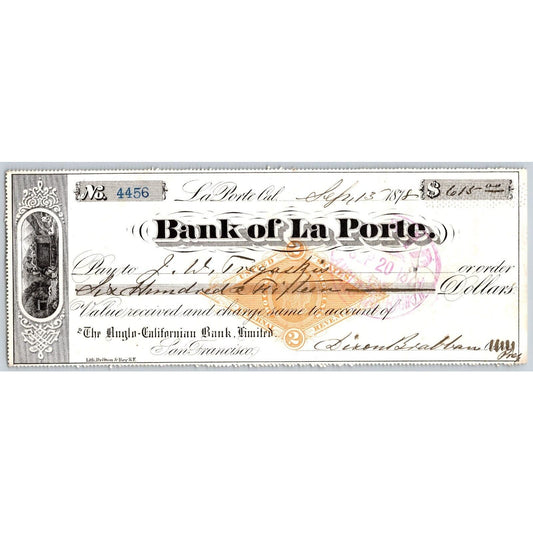 Bank of La Porte Check Tregasrio ? 1878 Mining Vignette RN-G1 Rev Stamp #4456