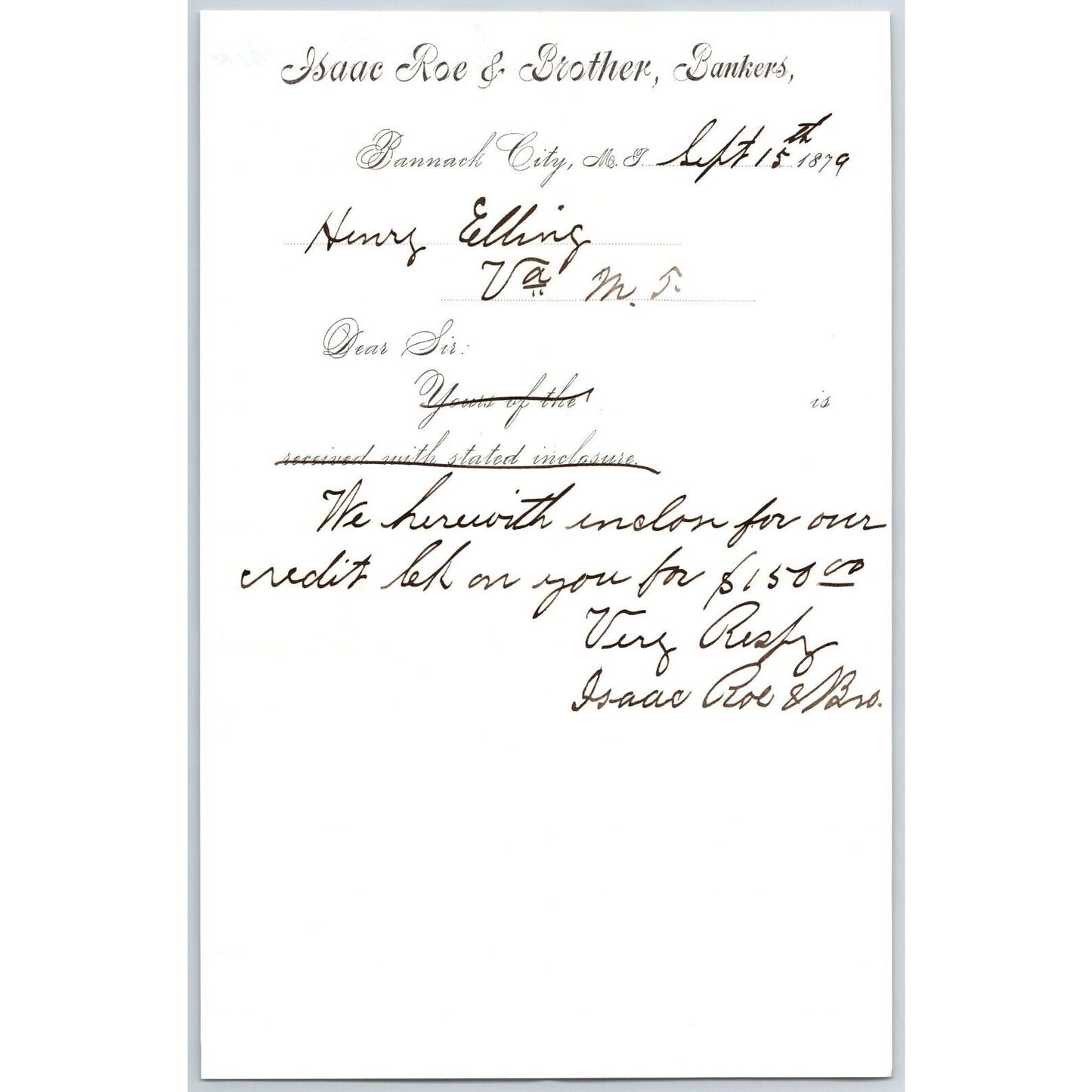 Isaac Roe & Brother, Banker Bannack City, MT 1879 Credit Advice - Henry Elling*