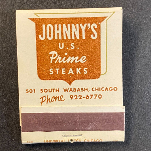Johnny's Prime Steaks Restaurant Chicago c1960's-73 Full Matchbook Scarce