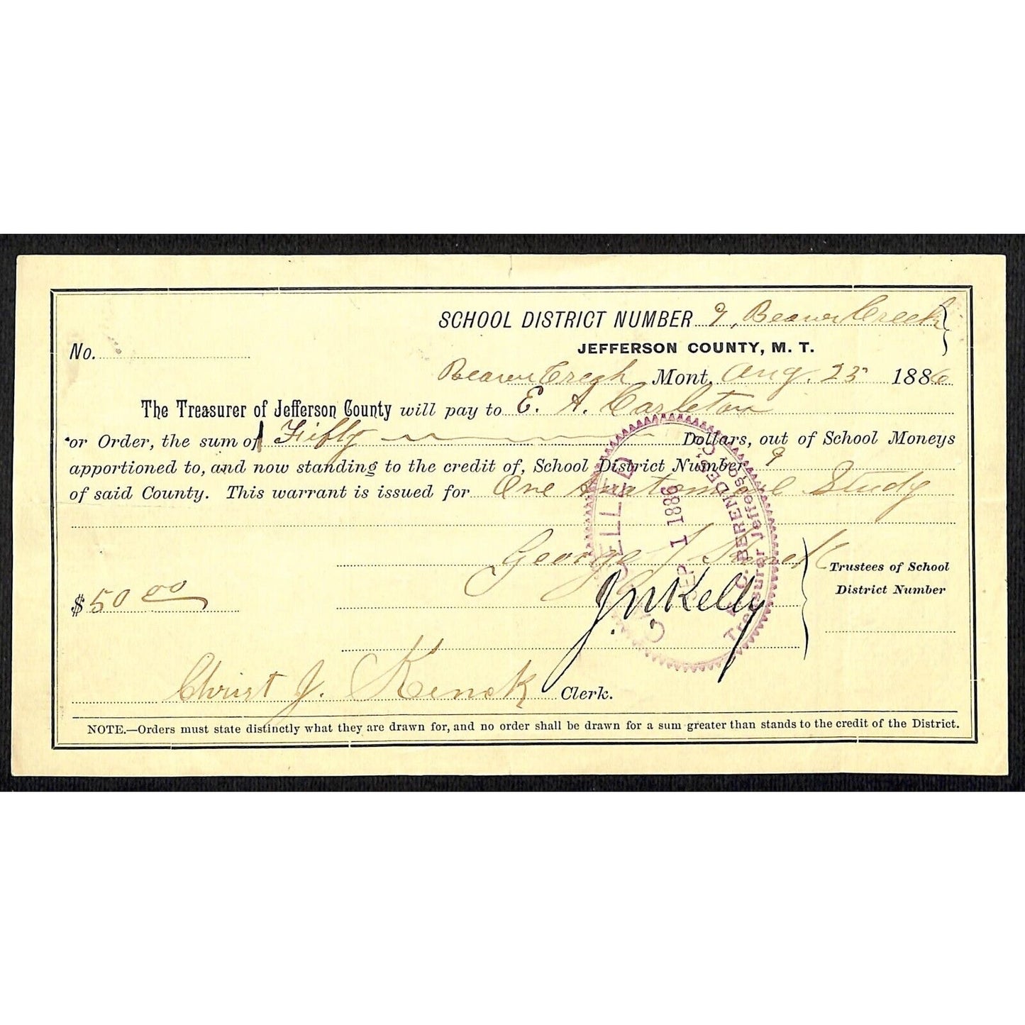 1886 Jefferson County Montana Territory School Warrant "One Anatomical Study"