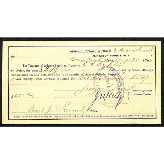 1886 Jefferson County Montana Territory School Warrant "One Anatomical Study"