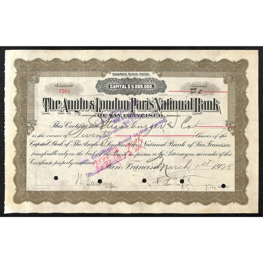 Anglo & London Paris National Bank of San Francisco 1928 Stock Certificate #7501