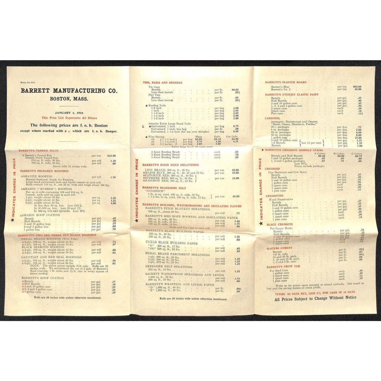 Barrett Manufacturing / Carbonol 1910 Roofing Paving Product Price List VGC