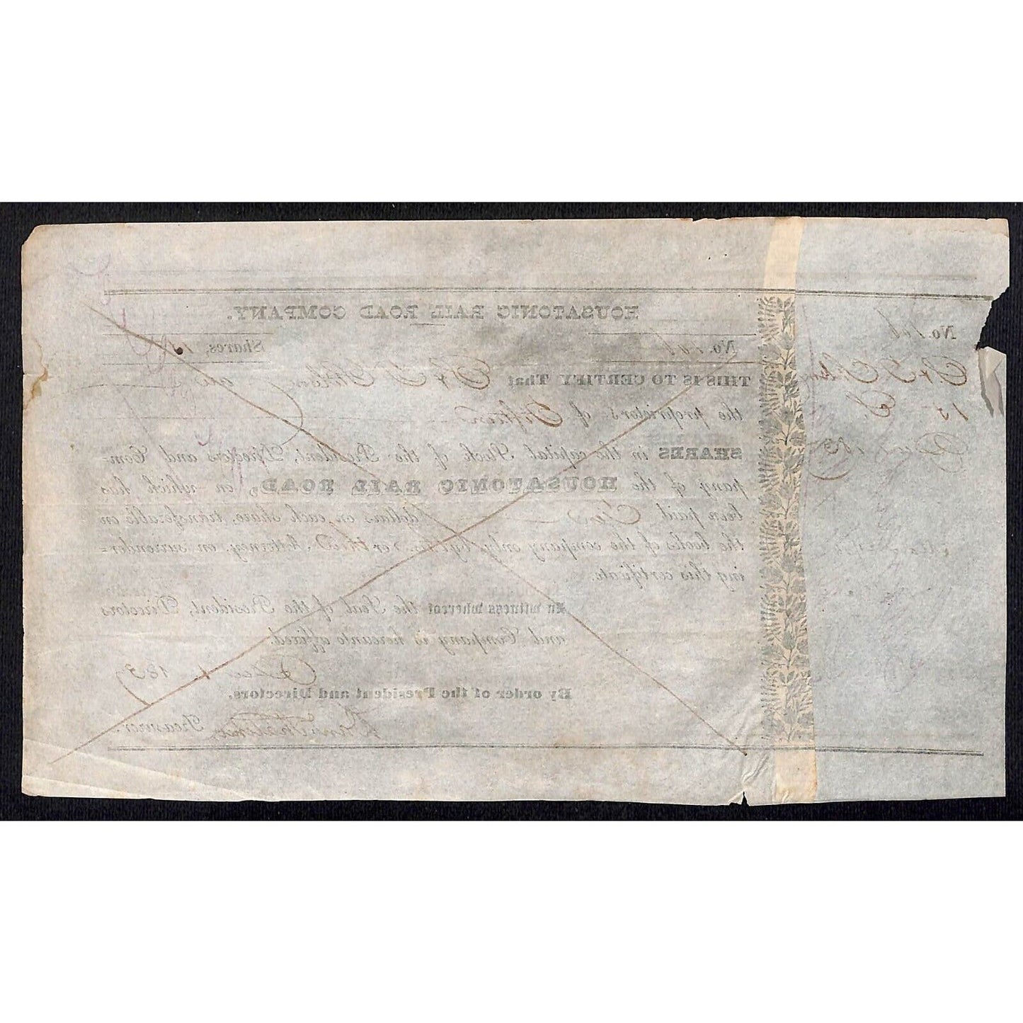 Housatonic Rail Road 1837 Stock Certificate S & J Stilson New Milford, CT Grist*