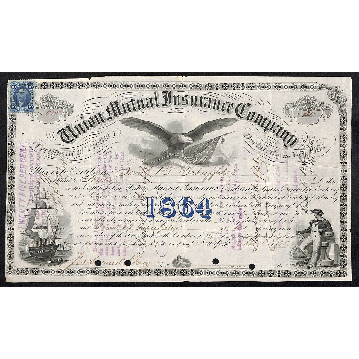 Union Mutual Insurance Co. NY 1864 Stock Certificate Saml B Schiffelin Tax Stamp
