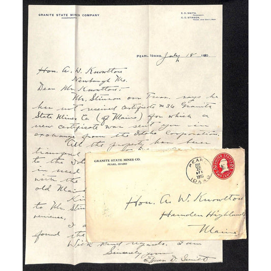 Granite State Mines Company 1910 ALS Letter to Hon. A.W. Knowlton* & Cover