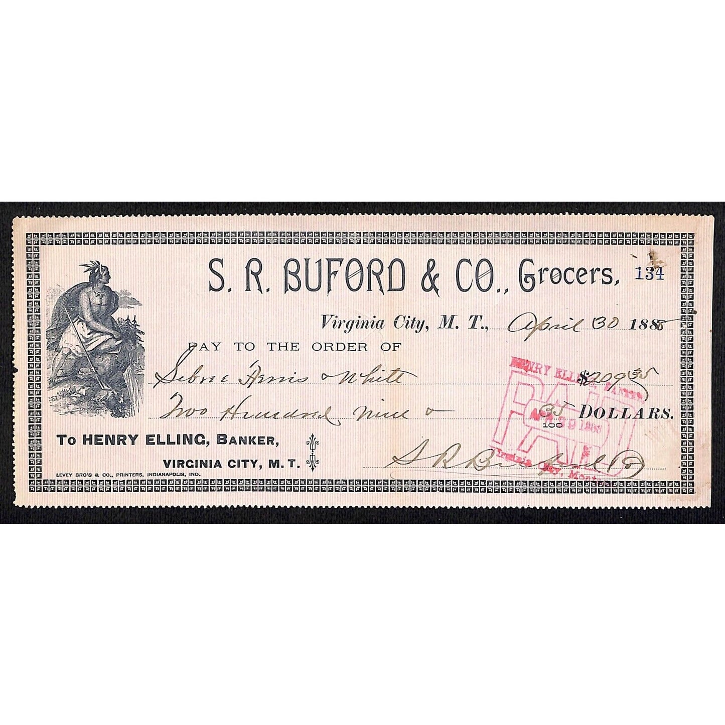1888 Henry Elling Virginia City Montana Territory S.R. Buford Grocers Check #134