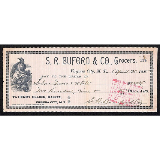 1888 Henry Elling Virginia City Montana Territory S.R. Buford Grocers Check #134
