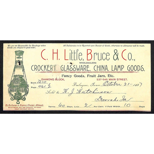C.H. Little, Becker Co. Crockery China Hutchinson Decorah, IA* Cut 1897 Billhead