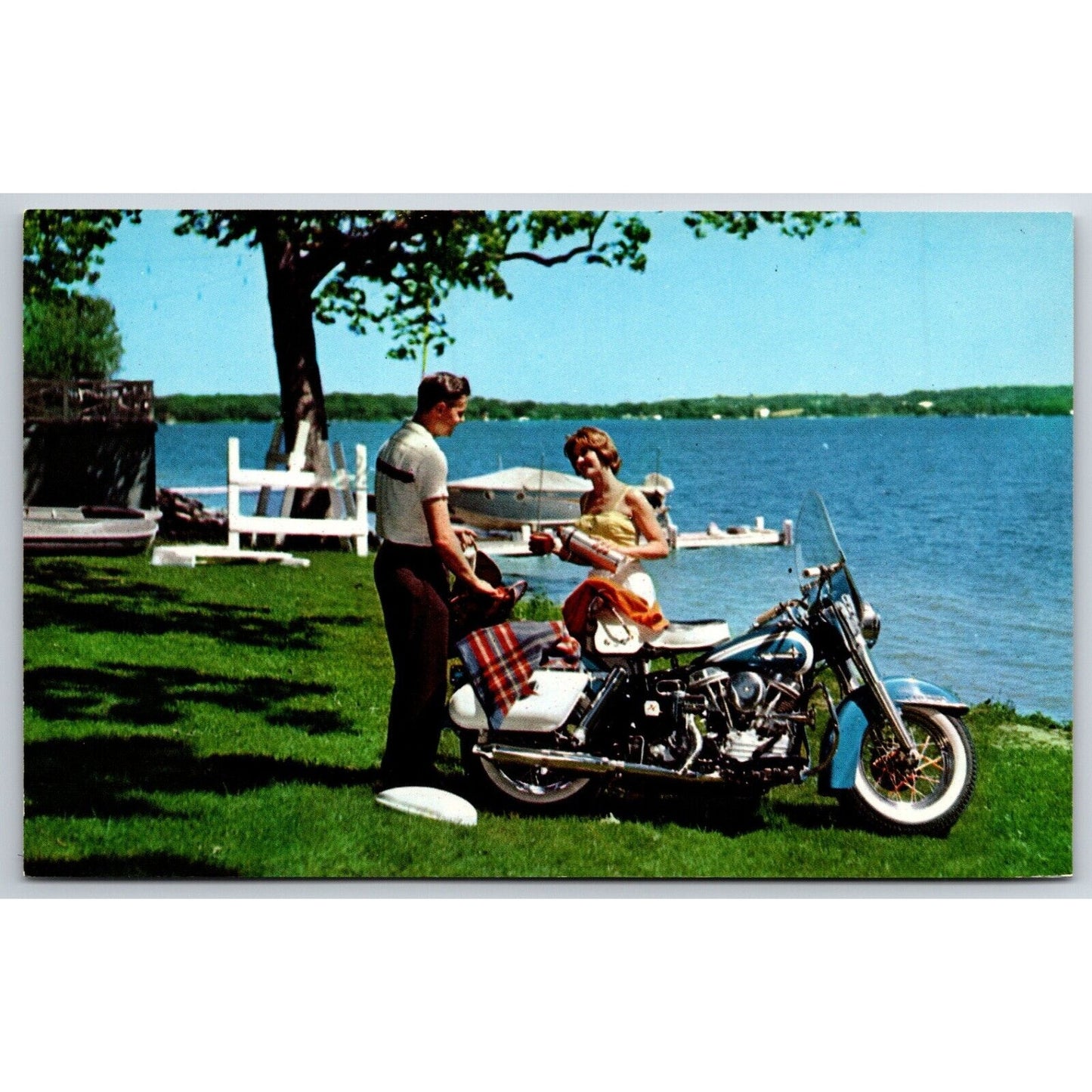 Harley Davidson Dealer Postcard 1961 Duo Glide Couple Picnic Water NP VGC Scarce
